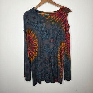 Kathmandu Imports Womens Tie Dye Blouse Size L Open Shoulder Slit Back Hippie